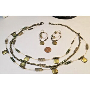 Vintage Metal Copper? Bronze? Multi Strand Necklace And Pierced Earrings Set